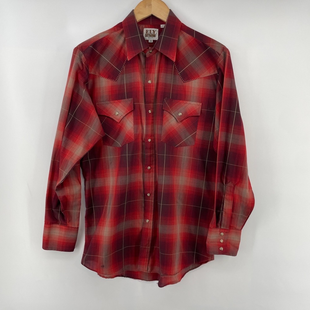 Vtg Ely Cattleman Shirt‎ Mens Medium M Red Plaid Western Cowboy Snap Lightweight